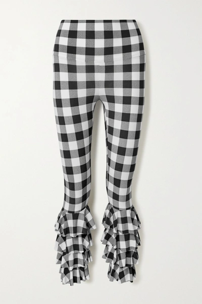 Shop Norma Kamali Ruffled Checked Stretch-jersey Leggings In Black