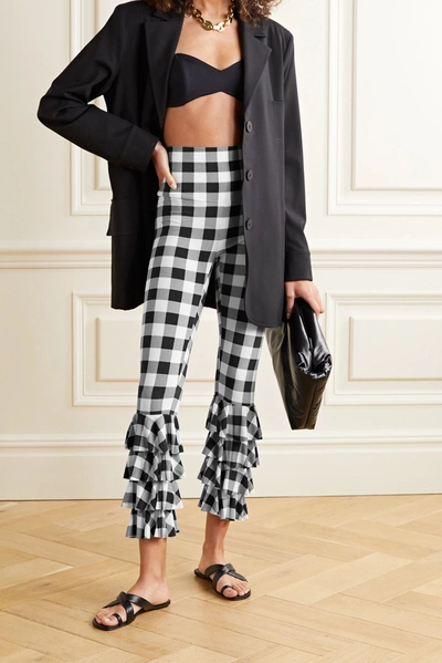 Shop Norma Kamali Ruffled Checked Stretch-jersey Leggings In Black