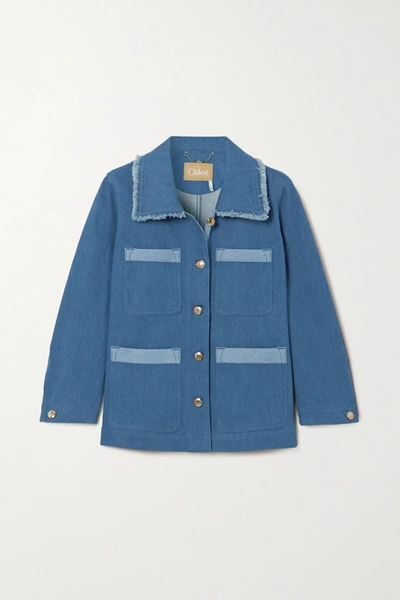 Shop Chloé Frayed Two-tone Denim Jacket In Blue