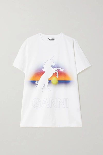 Shop Ganni Printed Organic Cotton-jersey T-shirt In White