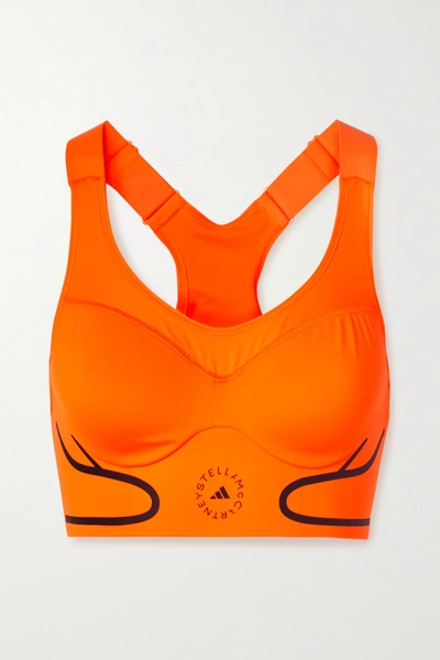 Shop Adidas By Stella Mccartney Truepace Cutout Neon Stretch Sports Bra In Orange