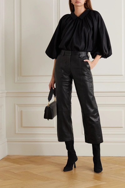 Shop Anine Bing Leah Cropped Leather Straight-leg Pants In Black