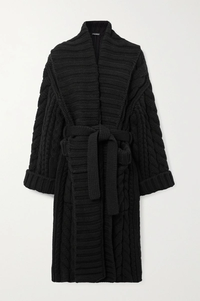 Shop Dolce & Gabbana Oversized Belted Cable-knit Wool And Cashmere-blend Cardigan In Black