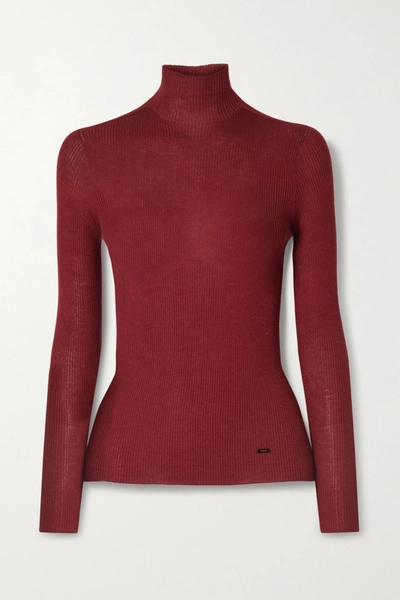 Shop Akris Ribbed Cashmere And Silk-blend Turtleneck Sweater In Burgundy