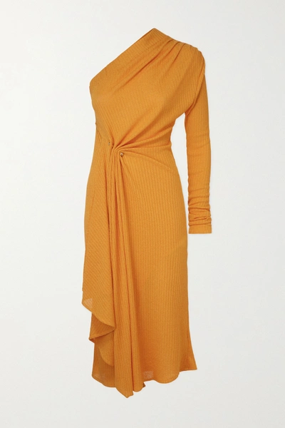 Shop Dodo Bar Or Hannah One-sleeve Draped Ribbed-knit Midi Dress In Orange