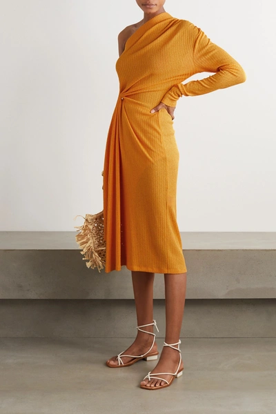 Shop Dodo Bar Or Hannah One-sleeve Draped Ribbed-knit Midi Dress In Orange