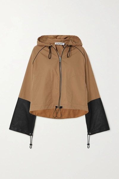 Shop Loewe Hooded Leather-paneled Cotton-canvas Jacket In Brown