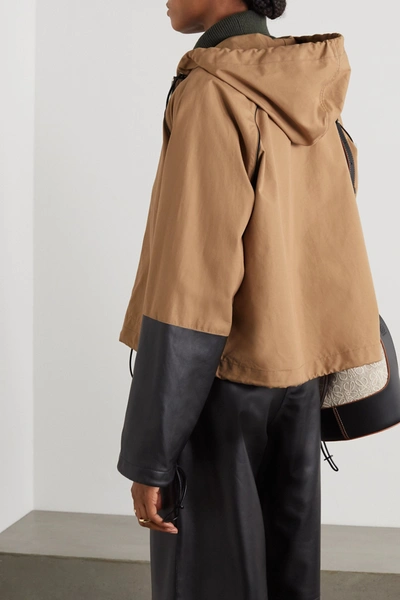 Shop Loewe Hooded Leather-paneled Cotton-canvas Jacket In Brown