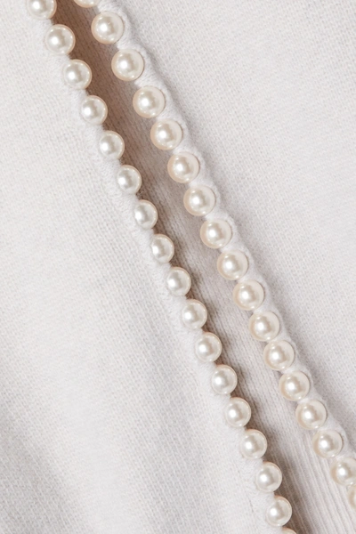 Shop Alexander Wang Faux Pearl-embellished Distressed Wool-blend Cardigan In Beige