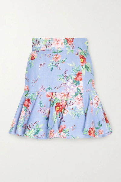 Shop Zimmermann Bellitude Fluted Floral-print Linen Mini Skirt In Light Blue