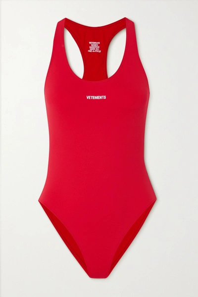 Shop Vetements Cutout Printed Swimsuit In Red