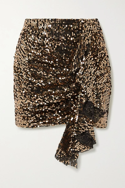 Shop In The Mood For Love Emely Ruffled Sequined Tulle Mini Skirt In Gold