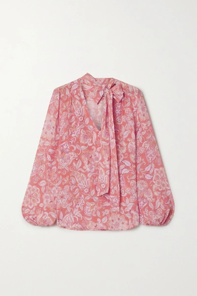 Shop Rixo London Moss Pussy-bow Printed Silk-crepe Blouse In Pink