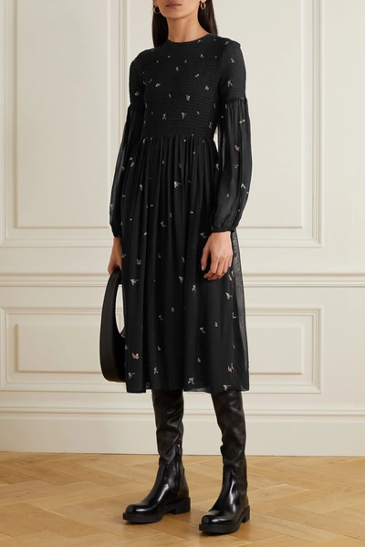 Shop Ganni Smocked Printed Georgette Midi Dress In Black