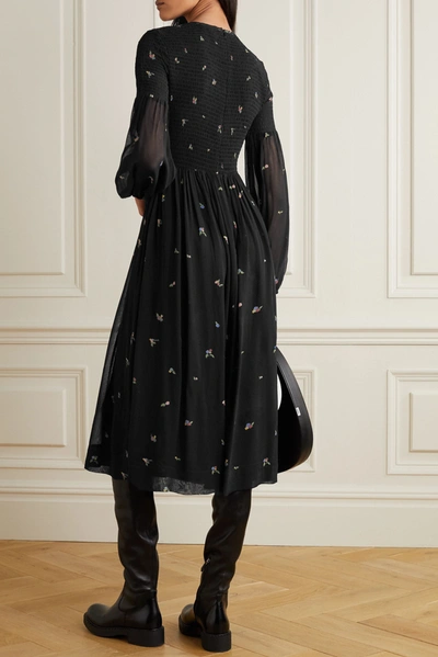 Shop Ganni Smocked Printed Georgette Midi Dress In Black