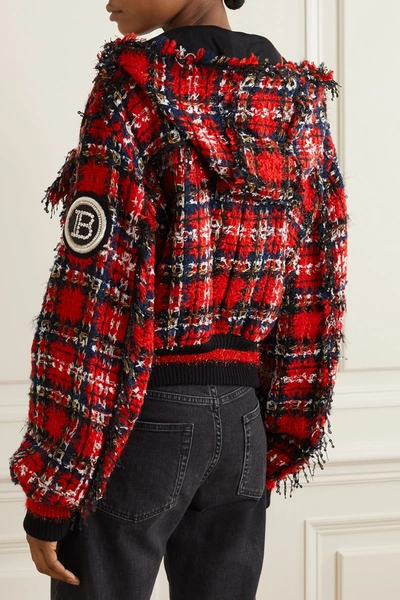 Shop Balmain Hooded Checked Tweed Bomber Jacket In Red