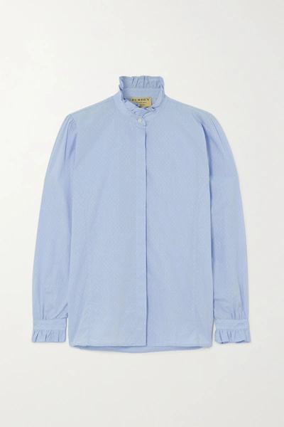 Shop Purdey Ruffled Embroidered Cotton-chambray Shirt In Light Blue