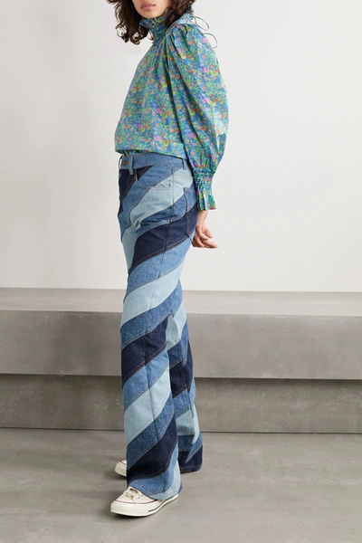 Shop Runway Marc Jacobs Striped Patchwork High-rise Flared Jeans In Dark Denim