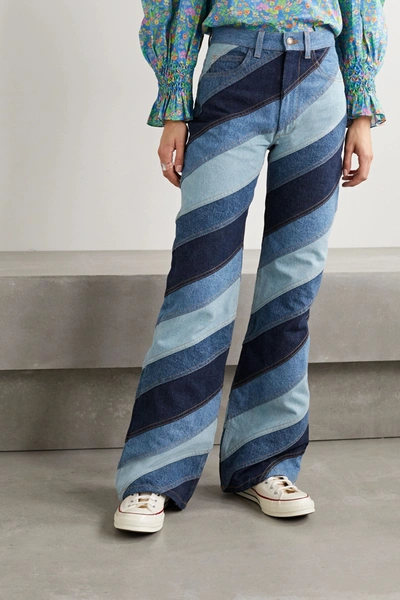 Shop Runway Marc Jacobs Striped Patchwork High-rise Flared Jeans In Dark Denim