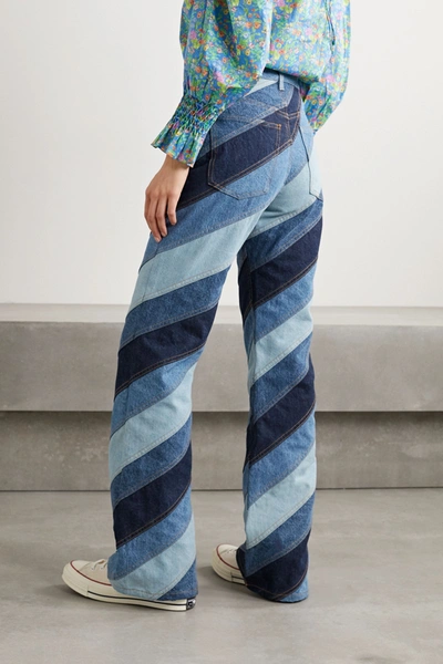 Shop Runway Marc Jacobs Striped Patchwork High-rise Flared Jeans In Dark Denim