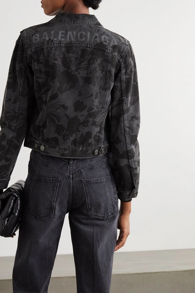 Shop Balenciaga Cropped Floral-print Denim Jacket In Black