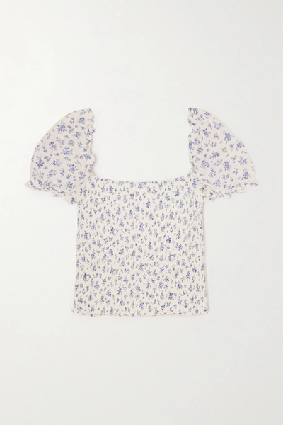 Shop Reformation Jess Cropped Floral-print Shirred Chiffon Top In Cream