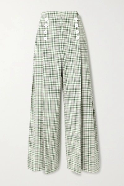 Shop Rosie Assoulin Pleated Checked Cotton-blend Canvas Wide-leg Pants In Green