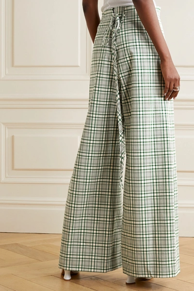 Shop Rosie Assoulin Pleated Checked Cotton-blend Canvas Wide-leg Pants In Green