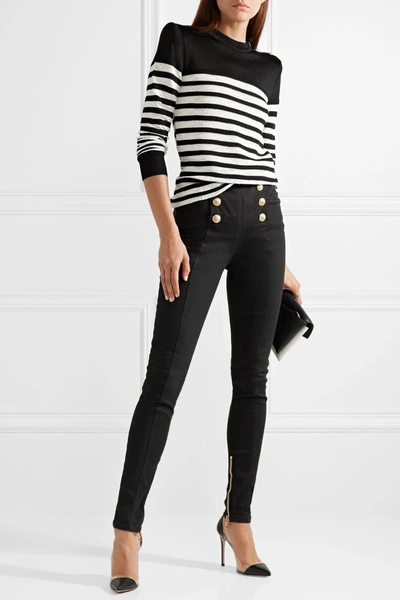 Shop Balmain Button-embellished High-rise Skinny Jeans In Black