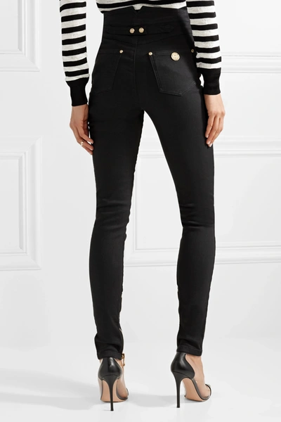 Shop Balmain Button-embellished High-rise Skinny Jeans In Black