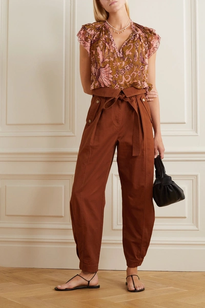 Shop Ulla Johnson Rowen Belted Cotton-twill Tapered Pants In Orange