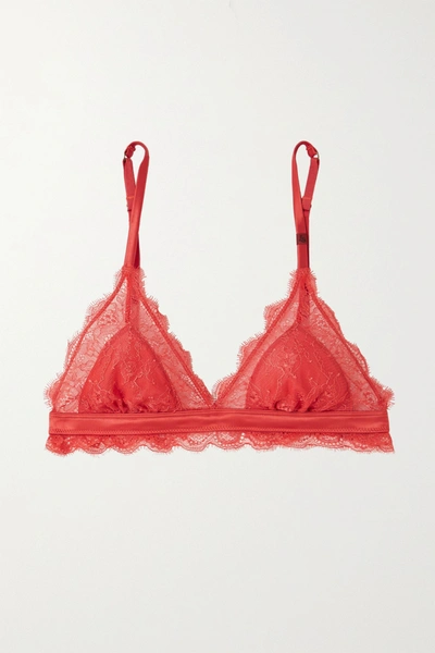 Shop Love Stories Love Lacy Satin-trimmed Stretch-lace Soft-cup Triangle Bra In Red