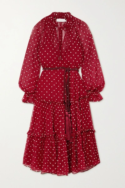 Shop Zimmermann Ladybeetle Belted Ruffled Polka-dot Silk-chiffon Midi Dress In Burgundy