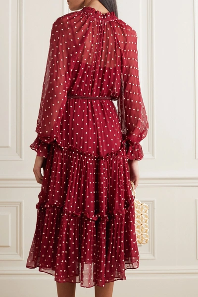 Shop Zimmermann Ladybeetle Belted Ruffled Polka-dot Silk-chiffon Midi Dress In Burgundy