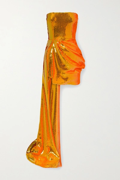 Shop Alex Perry Blaine Draped Sequined Tulle Gown In Bright Orange