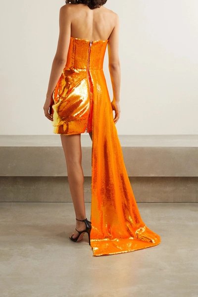 Shop Alex Perry Blaine Draped Sequined Tulle Gown In Bright Orange