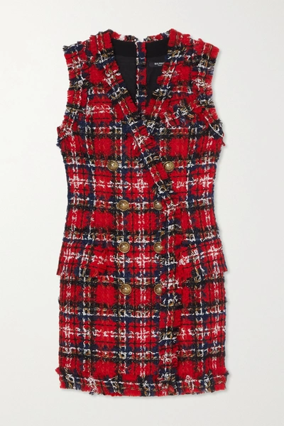 Shop Balmain Frayed Checked Tweed Mini Dress In Red
