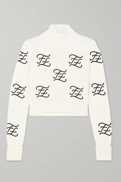 Shop Fendi Cropped Embroidered Wool And Cashmere-blend Turtleneck Sweater In Ivory