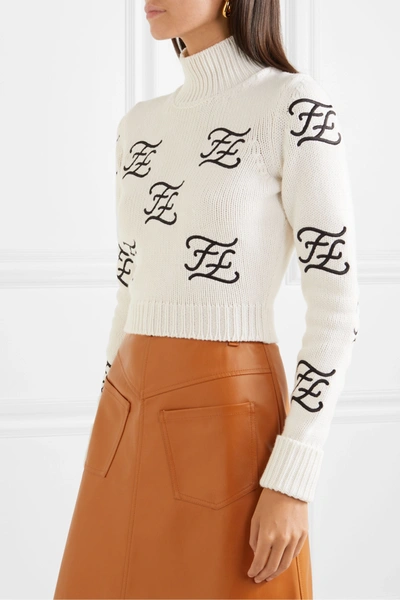 Shop Fendi Cropped Embroidered Wool And Cashmere-blend Turtleneck Sweater In Ivory