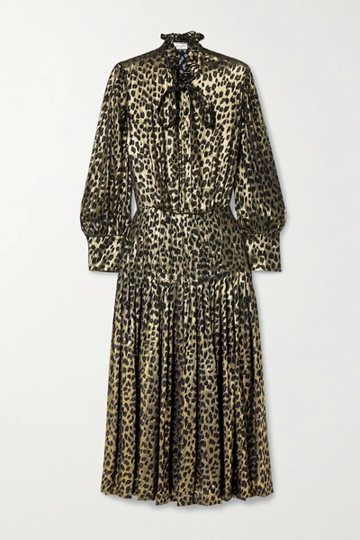 Shop Saint Laurent Pussy-bow Pleated Leopard-print Fil Coupé Silk-blend Lamé Midi Dress In Black