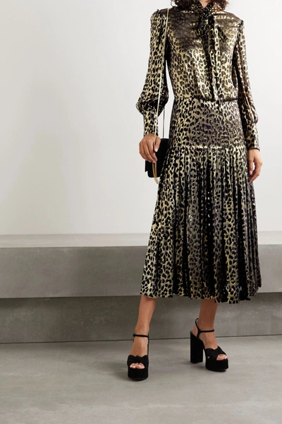 Shop Saint Laurent Pussy-bow Pleated Leopard-print Fil Coupé Silk-blend Lamé Midi Dress In Black