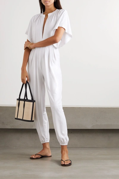 Shop Norma Kamali Rectangle Jog Stretch-lamé Jumpsuit In White