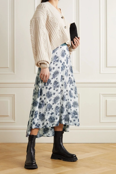 Shop Loveshackfancy Dasha Asymmetric Velvet-trimmed Floral-print Chiffon Maxi Skirt In White
