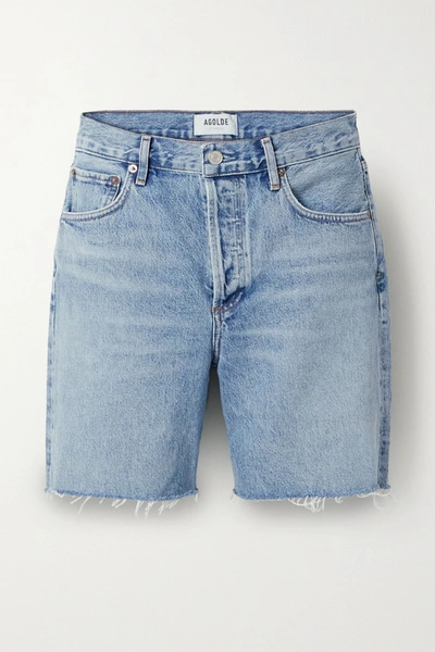 Shop Agolde Rumi Frayed Denim Shorts In Blue