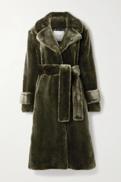 Shop Faz Not Fur Soldier Belted Faux Fur Coat In Dark Green