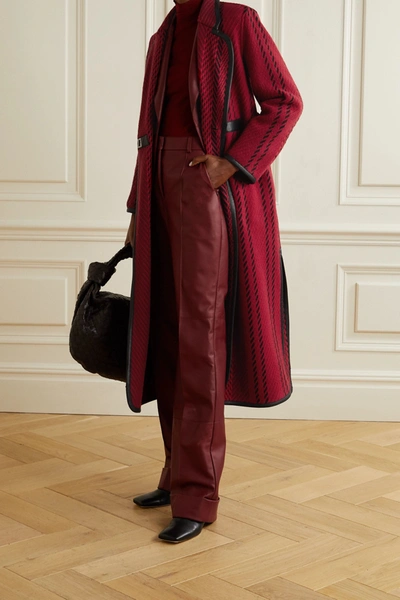 Shop Akris Leather-trimmed Wool-blend Tweed Coat In Red