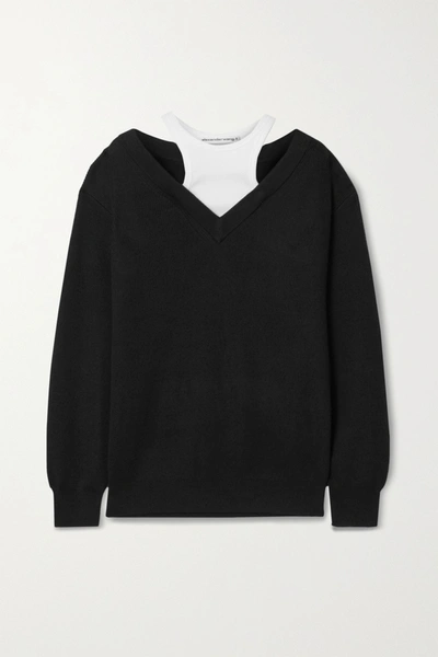 Shop Alexander Wang T Layered Merino Wool And Stretch-cotton Jersey Sweater In Black