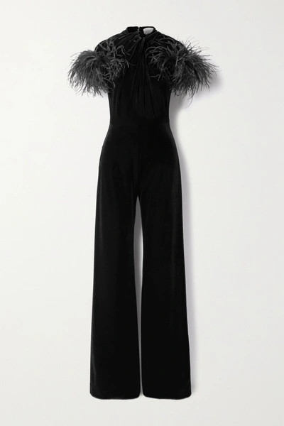 Shop 16arlington Kohana Feather-trimmed Knotted Velvet Jumpsuit In Black