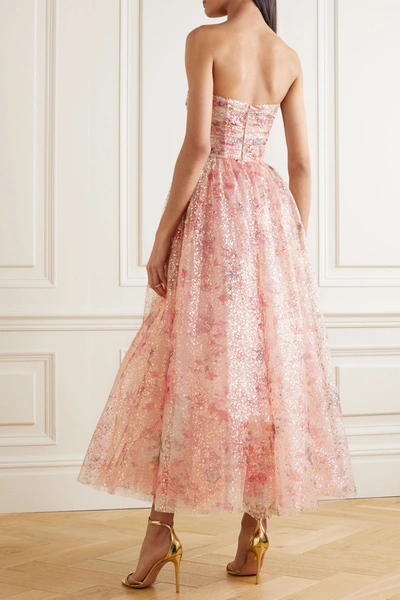 Shop Monique Lhuillier Strapless Metallic Floral-print Tulle Gown In Blush