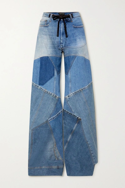 Shop Tom Ford Leather-trimmed Distressed Patchwork High-rise Wide-leg Jeans In Blue